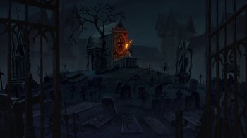 Movie still from “The Hunchback of Notre Dame” (1996), directed by Gary Trousdale – An animated clock in the middle of a graveyard; Extreme Wide shot, High angle