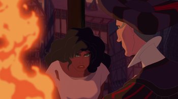 Movie still from “The Hunchback of Notre Dame” (1996), directed by Gary Trousdale – A woman in a white shirt and a man in a black hat; Medium shot, Over the shoulder angle