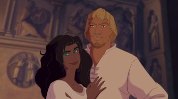 Movie still from “The Hunchback of Notre Dame” (1996), directed by Gary Trousdale – A man and a woman standing next to each other; Medium shot, High angle