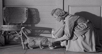 Movie still from “The Incredible Shrinking Man” (1957), directed by Jack Arnold – A woman feeding a cat from a bowl on a porch; Medium shot, High angle