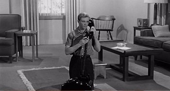 Movie still from “The Incredible Shrinking Man” (1957), directed by Jack Arnold – A man holding a guitar in a living room; Medium shot, High angle
