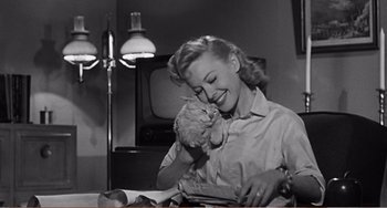 Movie still from “The Incredible Shrinking Man” (1957), directed by Jack Arnold – An old photo of a woman holding a cat; Medium shot, Low angle