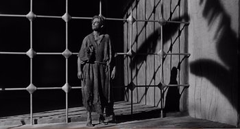 Movie still from “The Incredible Shrinking Man” (1957), directed by Jack Arnold – A man standing in front of a metal fence; Wide shot, Low angle