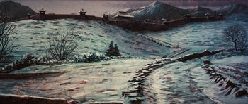 Movie still from “The Inn of the Sixth Happiness” (1958), directed by Mark Robson – A painting of a snow covered hill with a mountain in the background; Extreme Wide shot, High angle