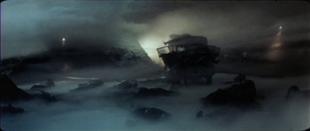 Movie still from “The Keep” (1983), directed by Michael Mann – A boat in the middle of the night in the fog; Extreme Wide shot, Low angle