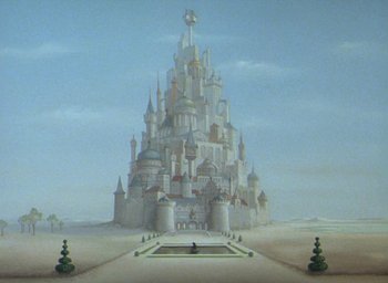 Movie still from “The King and the Mockingbird” (1980), directed by Paul Grimault – A painting of a castle with a sky in the background; Extreme Wide shot, High angle