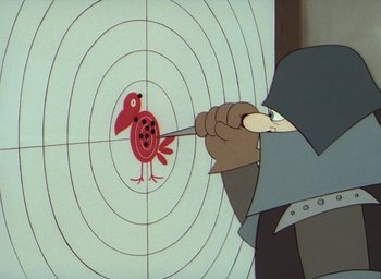 Movie still from “The King and the Mockingbird” (1980), directed by Paul Grimault – A man is aiming a bird at a target; Extreme Close Up shot, Over the shoulder angle
