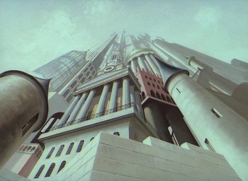 Movie still from “The King and the Mockingbird” (1980), directed by Paul Grimault – A painting of a large building with a clock on it; Extreme Wide shot, Low angle