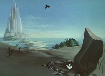 Movie still from “The King and the Mockingbird” (1980), directed by Paul Grimault – An oil painting of a bird flying over the ocean; Extreme Wide shot, High angle