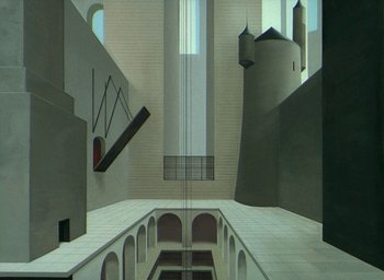 Movie still from “The King and the Mockingbird” (1980), directed by Paul Grimault – An artistic rendering of a building with a staircase and windows; Extreme Wide shot, Overhead angle
