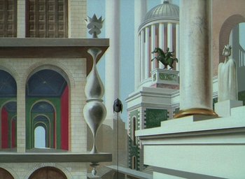 Movie still from “The King and the Mockingbird” (1980), directed by Paul Grimault – A painting of a building with a bird on top of it; Extreme Wide shot, Low angle