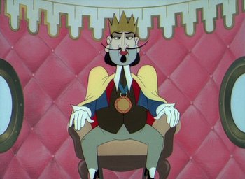 Movie still from “The King and the Mockingbird” (1980), directed by Paul Grimault – An animated picture of a man sitting in a chair; Close Up shot, Low angle