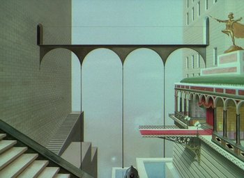 Movie still from “The King and the Mockingbird” (1980), directed by Paul Grimault – An artistic view of a building and a staircase; Extreme Wide shot, Overhead angle