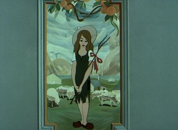 Movie still from “The King and the Mockingbird” (1980), directed by Paul Grimault – A painting of a woman holding a pair of shears; Medium shot, Overhead angle