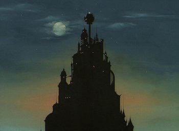 Movie still from “The King and the Mockingbird” (1980), directed by Paul Grimault – A castle with a moon in the background; Extreme Wide shot, Low angle