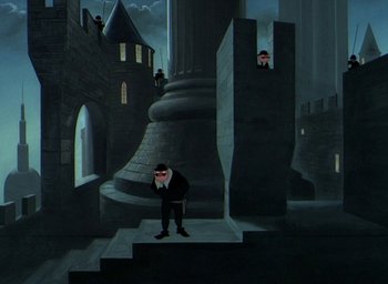 Movie still from “The King and the Mockingbird” (1980), directed by Paul Grimault – A man standing on steps in front of a castle; Extreme Wide shot, Low angle