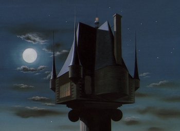 Movie still from “The King and the Mockingbird” (1980), directed by Paul Grimault – A painting of a castle on top of a pillar; Extreme Wide shot, Low angle
