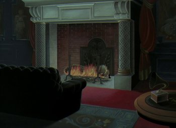 Movie still from “The King and the Mockingbird” (1980), directed by Paul Grimault – A painting of a living room with a fireplace; Wide shot, High angle