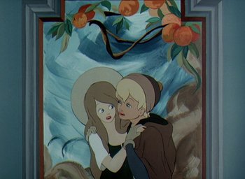 Movie still from “The King and the Mockingbird” (1980), directed by Paul Grimault – A painting of two people hugging in front of a tree; Medium shot, Overhead angle