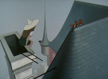 Movie still from “The King and the Mockingbird” (1980), directed by Paul Grimault – A painting of a woman on the roof of a building; Wide shot, Low angle