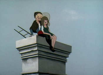 Movie still from “The King and the Mockingbird” (1980), directed by Paul Grimault – Two people sitting on top of a building on top of a building; Wide shot, High angle