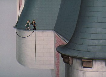 Movie still from “The King and the Mockingbird” (1980), directed by Paul Grimault – A painting of two people standing on the side of a building; Extreme Wide shot, Low angle