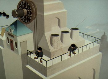 Movie still from “The King and the Mockingbird” (1980), directed by Paul Grimault – Two birds are perched on the railing of a building; Extreme Wide shot, Overhead angle