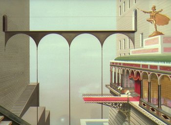 Movie still from “The King and the Mockingbird” (1980), directed by Paul Grimault – An illustration of a building with a view of a city; Extreme Wide shot, Overhead angle