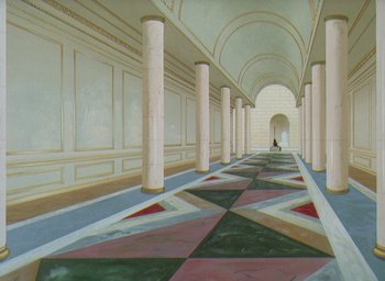 Movie still from “The King and the Mockingbird” (1980), directed by Paul Grimault – A painting of a hallway with columns and a colorful floor; Extreme Wide shot, High angle