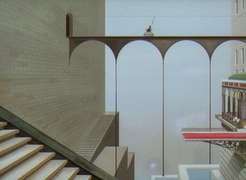 Movie still from “The King and the Mockingbird” (1980), directed by Paul Grimault – A view of stairs and a bridge in a building; Extreme Wide shot, Low angle