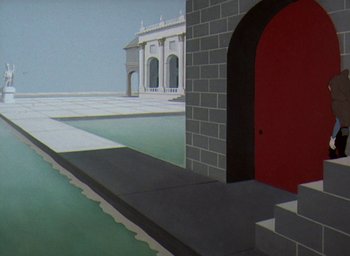 Movie still from “The King and the Mockingbird” (1980), directed by Paul Grimault – A painting of a red door and a building; Extreme Wide shot, Low angle