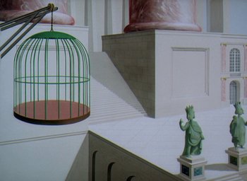Movie still from “The King and the Mockingbird” (1980), directed by Paul Grimault – A green bird cage sitting on top of a staircase next to a statue; Extreme Wide shot, High angle