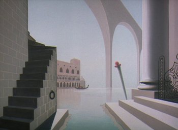 Movie still from “The King and the Mockingbird” (1980), directed by Paul Grimault – An oil painting of a building and a pool of water; Extreme Wide shot, High angle