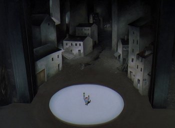 Movie still from “The King and the Mockingbird” (1980), directed by Paul Grimault – An image of a scene in a city setting; Extreme Wide shot, High angle