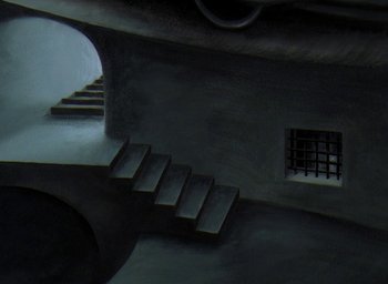 Movie still from “The King and the Mockingbird” (1980), directed by Paul Grimault – A painting of a staircase in a dark room; Extreme Wide shot, Overhead angle