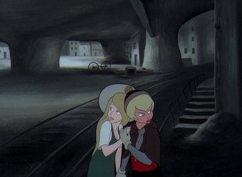Movie still from “The King and the Mockingbird” (1980), directed by Paul Grimault – A couple of women standing next to each other in front of a building; Medium shot, High angle