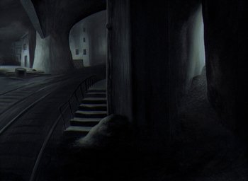 Movie still from “The King and the Mockingbird” (1980), directed by Paul Grimault – A view of a train station from the ground; Extreme Wide shot, High angle