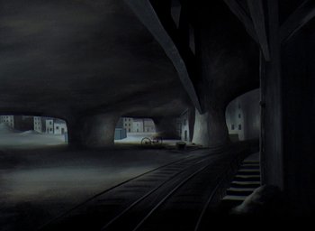 Movie still from “The King and the Mockingbird” (1980), directed by Paul Grimault – An empty train track in a dark tunnel; Extreme Wide shot, High angle
