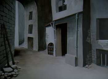 Movie still from “The King and the Mockingbird” (1980), directed by Paul Grimault – A painting of an empty room with a lot of rubble around it; Extreme Wide shot, High angle