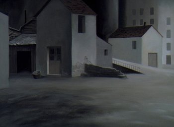 Movie still from “The King and the Mockingbird” (1980), directed by Paul Grimault – An oil painting of an industrial area with buildings and a bridge; Extreme Wide shot, High angle