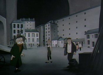 Movie still from “The King and the Mockingbird” (1980), directed by Paul Grimault – An animated scene of a group of people standing in the middle of a street; Wide shot, High angle
