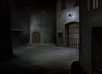 Movie still from “The King and the Mockingbird” (1980), directed by Paul Grimault – An empty room with a light on the wall; Extreme Wide shot, High angle