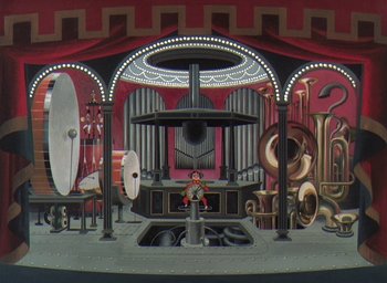 Movie still from “The King and the Mockingbird” (1980), directed by Paul Grimault – An animated scene of an orchestra with a conductor and orchestra instruments; Extreme Wide shot, High angle