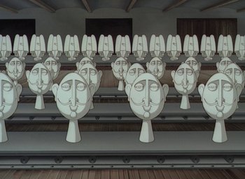 Movie still from “The King and the Mockingbird” (1980), directed by Paul Grimault – A bunch of faces that are sitting in a room; Wide shot, High angle