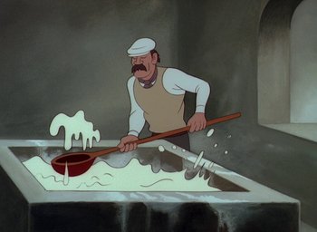 Movie still from “The King and the Mockingbird” (1980), directed by Paul Grimault – An animated man is stirring a pan in a sink; Medium shot, High angle