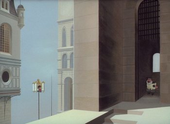 Movie still from “The King and the Mockingbird” (1980), directed by Paul Grimault – A painting of a building with a clock on it's side; Extreme Wide shot, Low angle