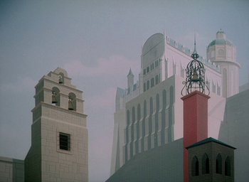 Movie still from “The King and the Mockingbird” (1980), directed by Paul Grimault – A view of a clock tower in the middle of a city; Extreme Wide shot, Low angle