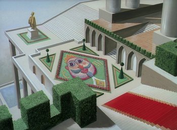 Movie still from “The King and the Mockingbird” (1980), directed by Paul Grimault – An artist's rendering of a garden with a statue of a man; Extreme Wide shot, High angle