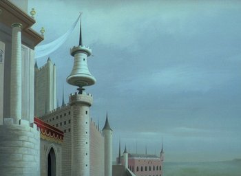 Movie still from “The King and the Mockingbird” (1980), directed by Paul Grimault – A painting of a castle with a tower on top of it; Extreme Wide shot, Low angle