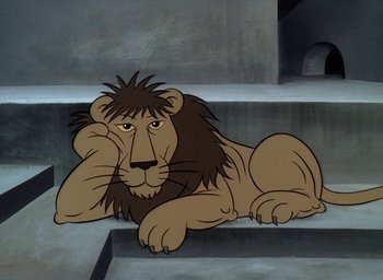 Movie still from “The King and the Mockingbird” (1980), directed by Paul Grimault – A cartoon of a lion sitting on some steps; Medium shot, Low angle